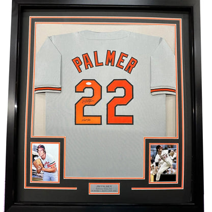 Framed Autographed Jim Palmer HOF 1990 35x39 Baltimore Grey Baseball Jersey JSA COA | Hall of Fame Sports Memorabilia | vintageantiquesgifts.com