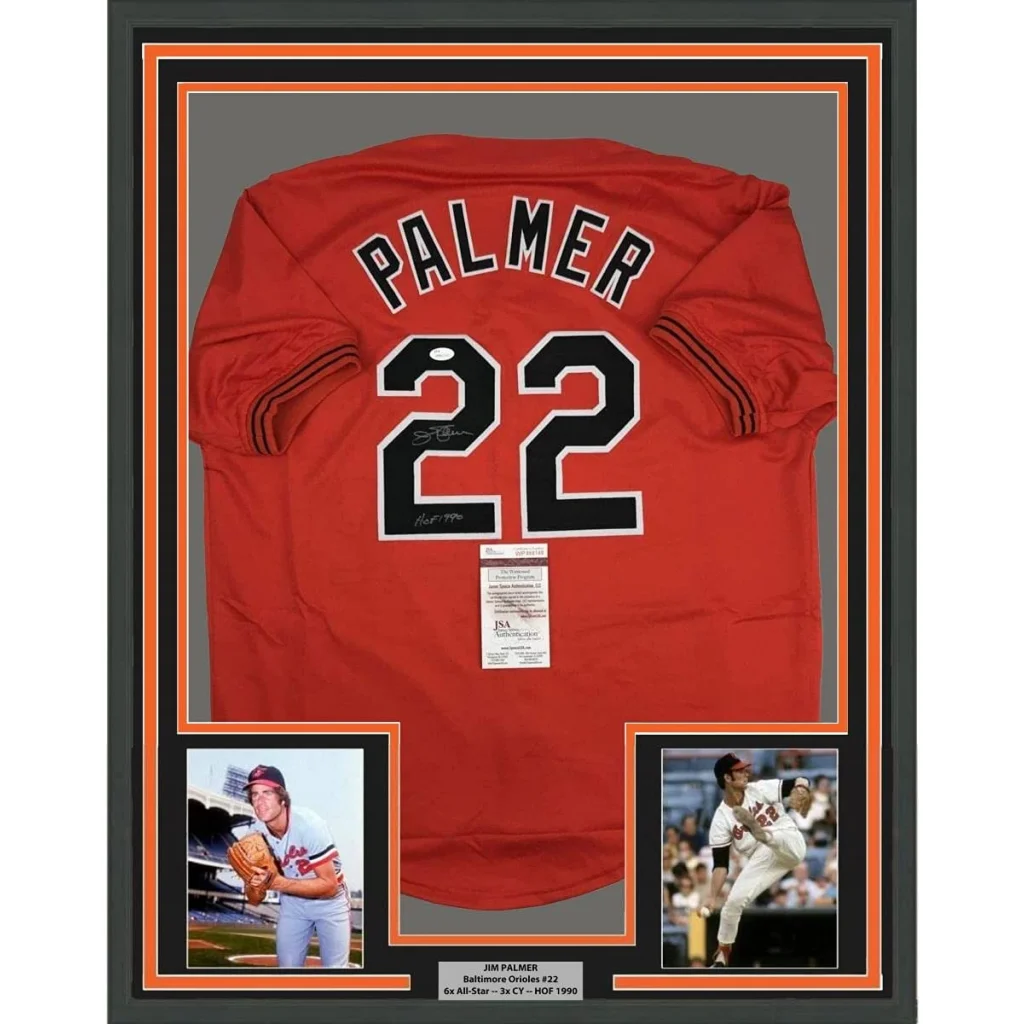Framed autographed Jim Palmer HOF Baltimore Orioles jersey with photos and plaque