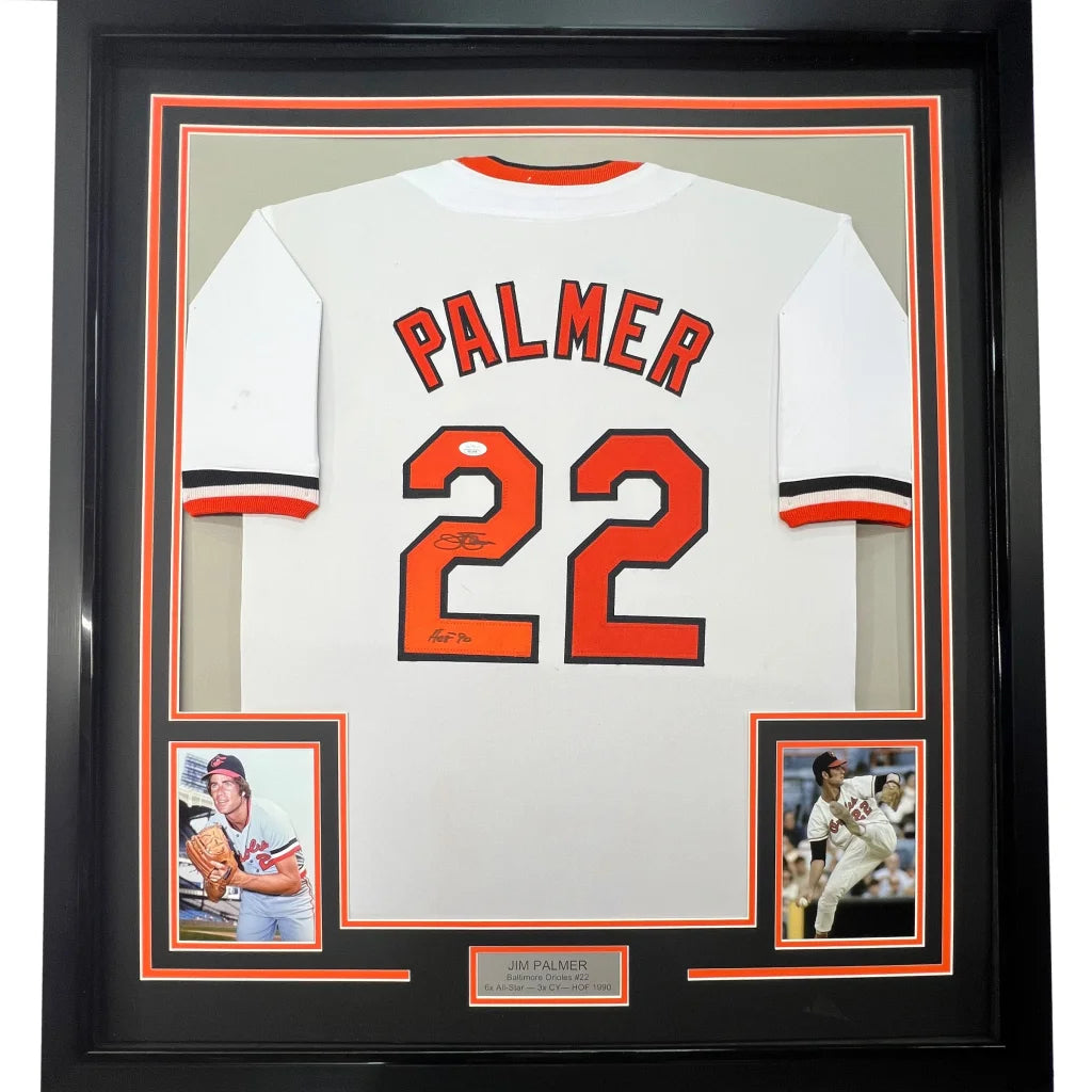 Framed Jim Palmer autographed baseball jersey with photos and plaque for your Man Cave