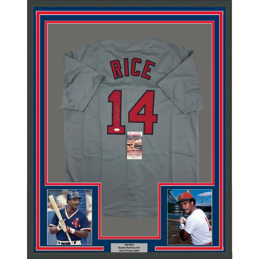 Framed autographed Jim Rice gray Boston jersey with red Rice 14 JSA COA
