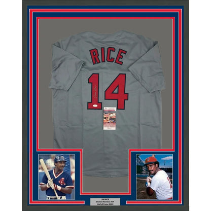 Framed autographed Jim Rice gray Boston jersey with red Rice 14 JSA COA