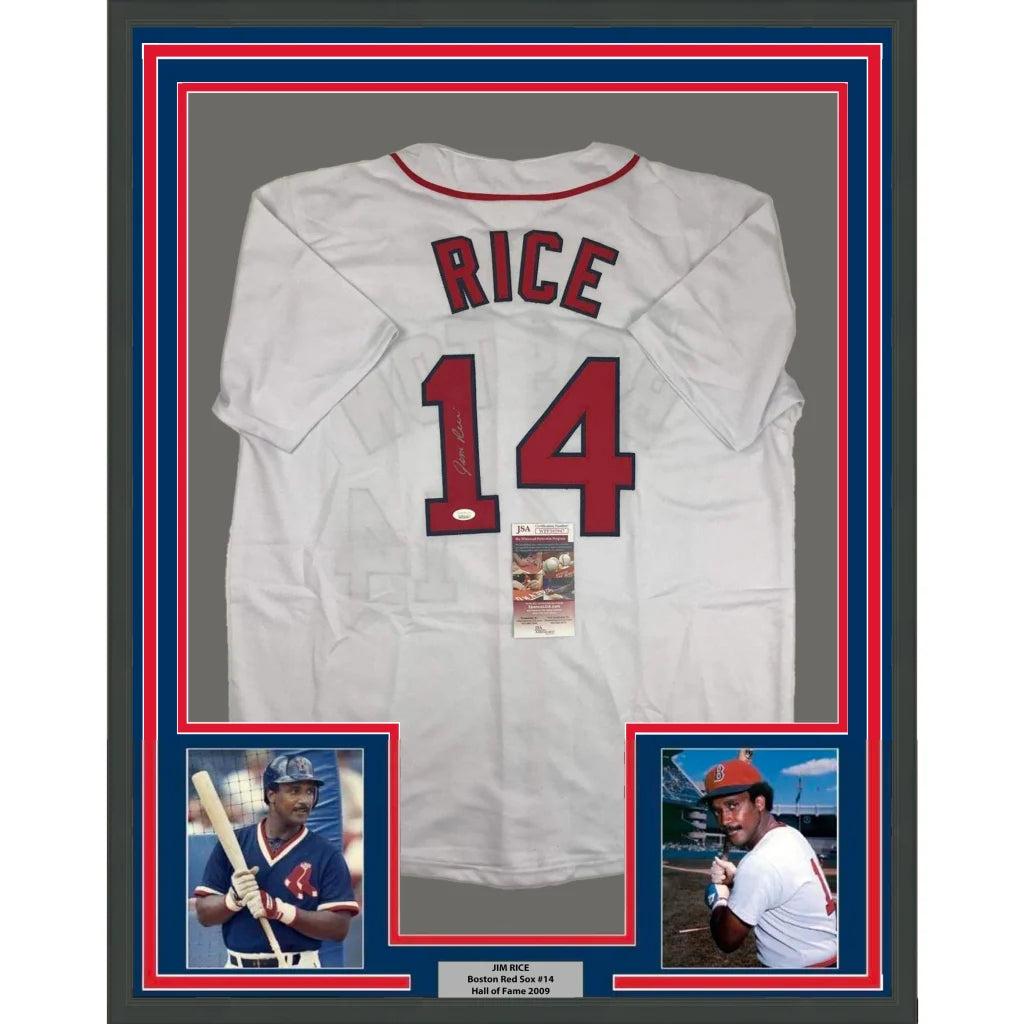 Framed Autographed Jim Rice 35x39 Boston White Baseball Jersey JSA COA | Hall of Fame Sports Memorabilia | vintageantiquesgifts.com