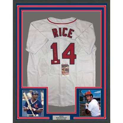 Framed Autographed Jim Rice 35x39 Boston White Baseball Jersey JSA COA | Hall of Fame Sports Memorabilia | vintageantiquesgifts.com