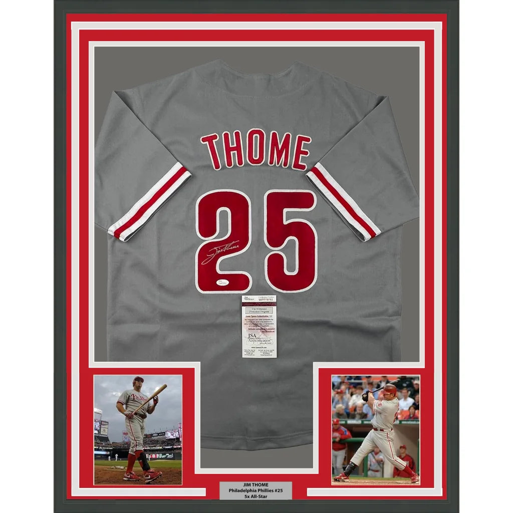 Framed Autographed Jim Thome 35x39 Philadelphia Grey Baseball Jersey JSA COA | Hall of Fame Sports Memorabilia | vintageantiquesgifts.com