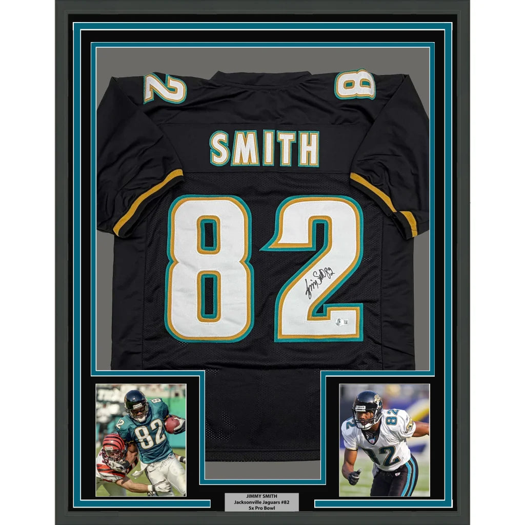 Framed Autographed Jimmy Smith 35x39 Jacksonville Black Football Jersey Beckett BAS COA | Hall of Fame Sports Memorabilia | vintageantiquesgifts.com