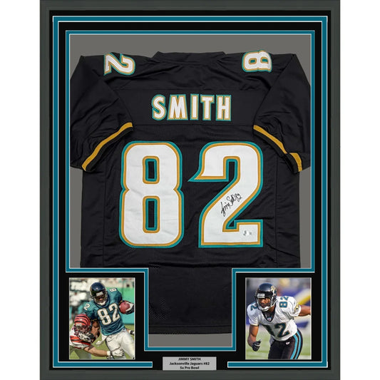Framed Autographed Jimmy Smith 35x39 Jacksonville Black Football Jersey Beckett BAS COA | Hall of Fame Sports Memorabilia | vintageantiquesgifts.com