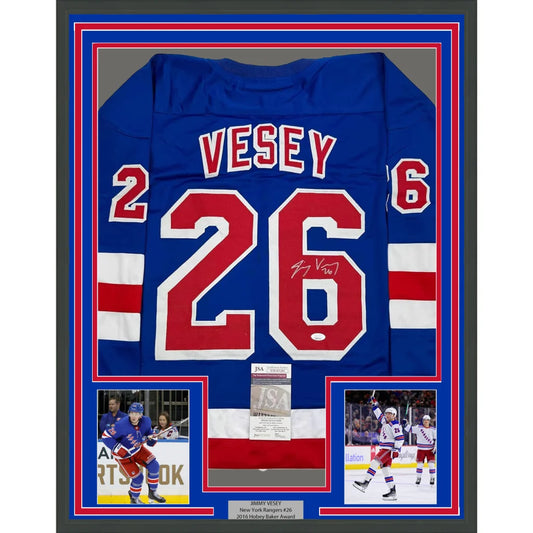 Framed Autographed Jimmy Vesey 35x39 New York Blue Hockey Jersey JSA COA | Hall of Fame Sports Memorabilia | vintageantiquesgifts.com