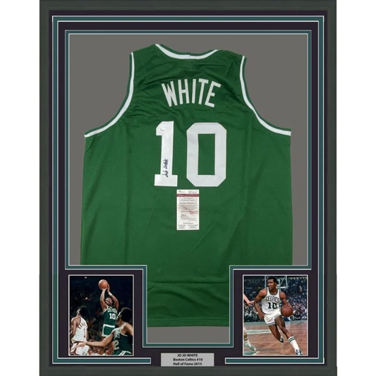 Framed Bob Cousy Boston Celtics #10 autographed jersey with action photos display