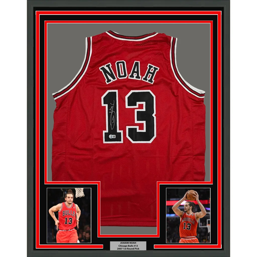 Framed autographed Joakim Noah Chicago Bulls red jersey back, Noah 13, Beckett COA