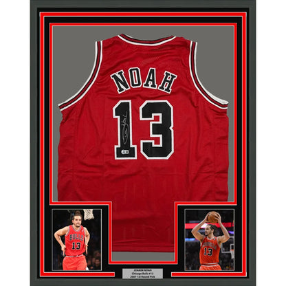 Framed autographed Joakim Noah Chicago Bulls red jersey back, Noah 13, Beckett COA
