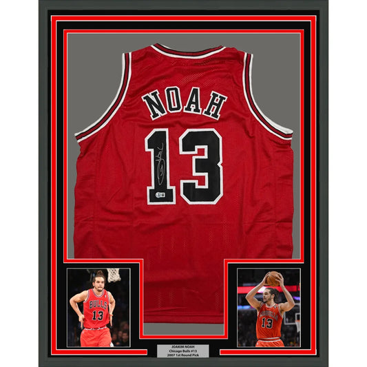 Framed Autographed Joakim Noah 35x39 Chicago Red Basketball Jersey Beckett BAS COA | Hall of Fame Sports Memorabilia | vintageantiquesgifts.com
