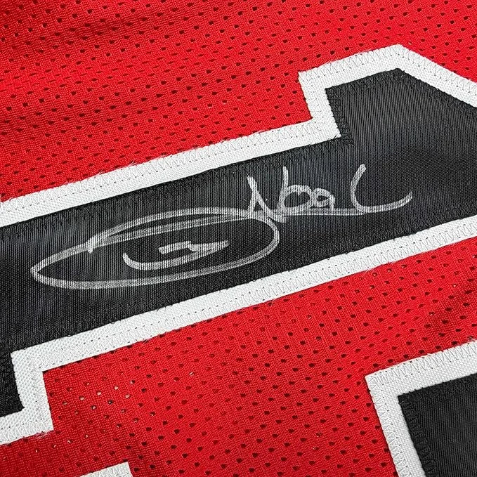 Framed autographed Joakim Noah Chicago Bulls red mesh jersey with silver signature, Beckett BAS COA