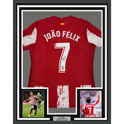 Framed autographed atletico madrid red soccer jersey with white sleeves and number 7 signed by joao felix