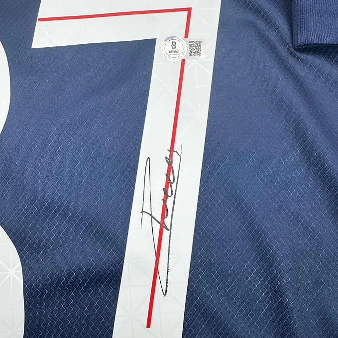 Framed autographed Joao Neves PSG blue jersey back with white 7 number, red outline, Fanatics sticker, Beckett BAS COA