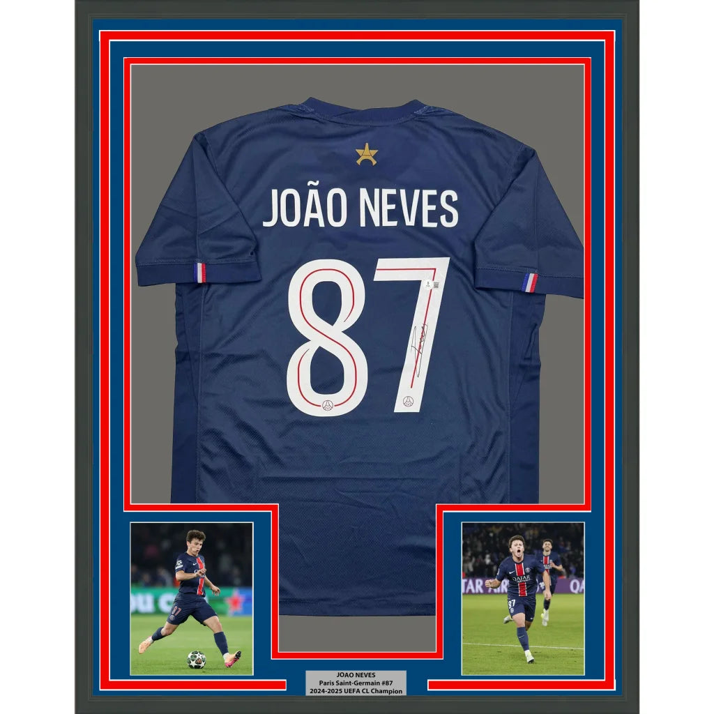 Framed signed navy blue PSG Joao Neves jersey back with 87, name, gold star, Beckett COA