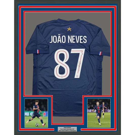 Framed Autographed Joao Neves 35x39 PSG Paris Saint Germain Blue Soccer Futbol Jersey Beckett BAS COA | Hall of Fame Sports Memorabilia | vintageantiquesgifts.com