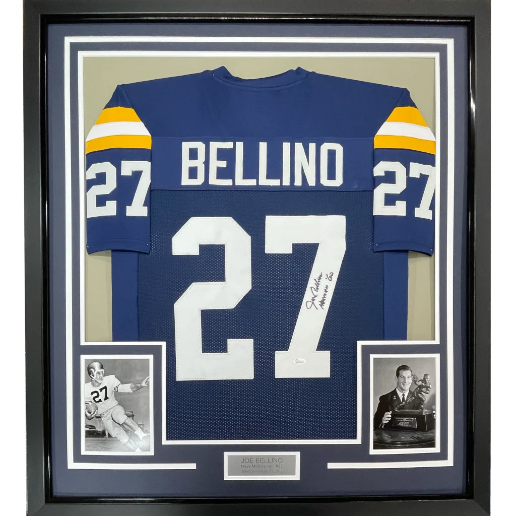 Framed Autographed Joe Bellino 35x39 Navy Blue College Football Jersey JSA COA | Hall of Fame Sports Memorabilia | vintageantiquesgifts.com