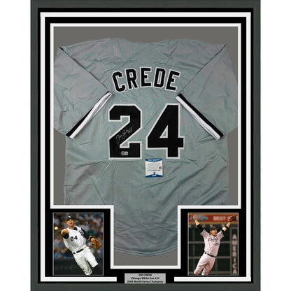 Framed Autographed Joe Crede 35x39 Chicago Grey Baseball Jersey Beckett BAS COA | Hall of Fame Sports Memorabilia | vintageantiquesgifts.com