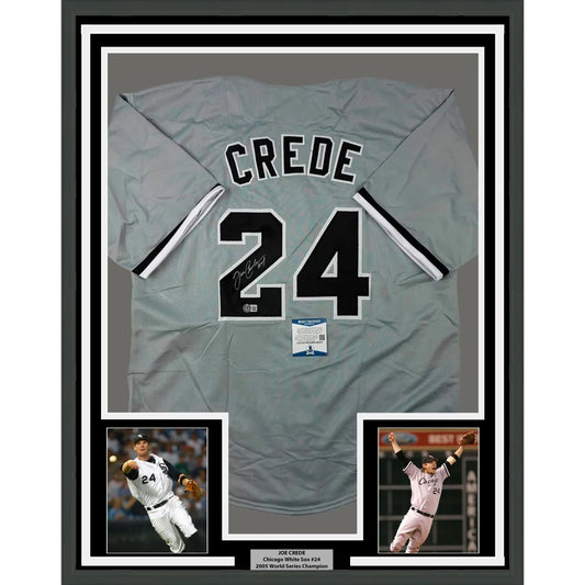 Framed Autographed Joe Crede 35x39 Chicago Grey Baseball Jersey Beckett BAS COA | Hall of Fame Sports Memorabilia | vintageantiquesgifts.com