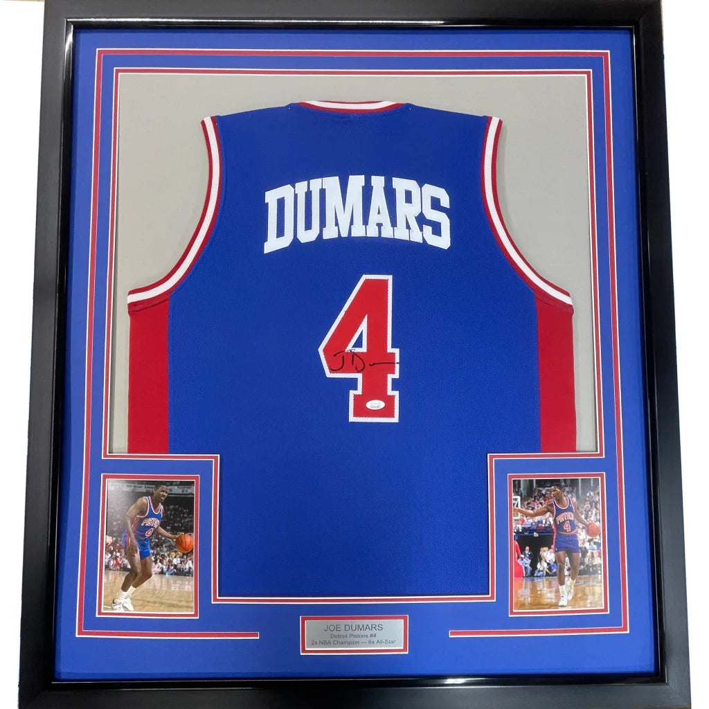 Framed autographed Joe Dumars Detroit Pistons blue jersey with Dumars 4 JSA COA