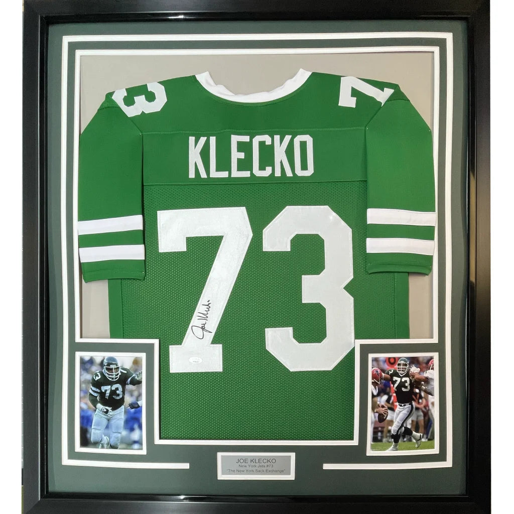 Framed Autographed Joe Klecko 35x39 New York Green Football Jersey Beckett BAS COA | Hall of Fame Sports Memorabilia | vintageantiquesgifts.com