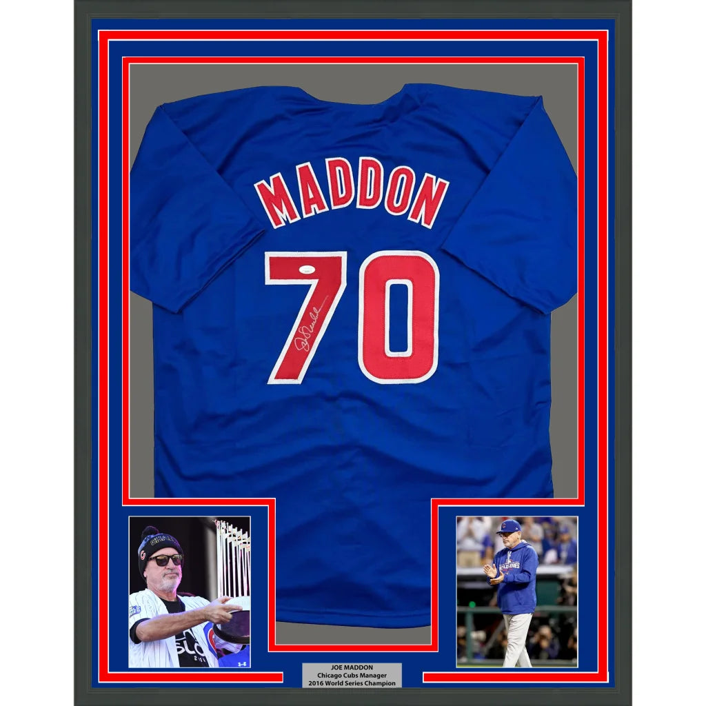 Framed Autographed Joe Maddon 35x39 Chicago Blue Baseball Jersey JSA COA | Hall of Fame Sports Memorabilia | vintageantiquesgifts.com