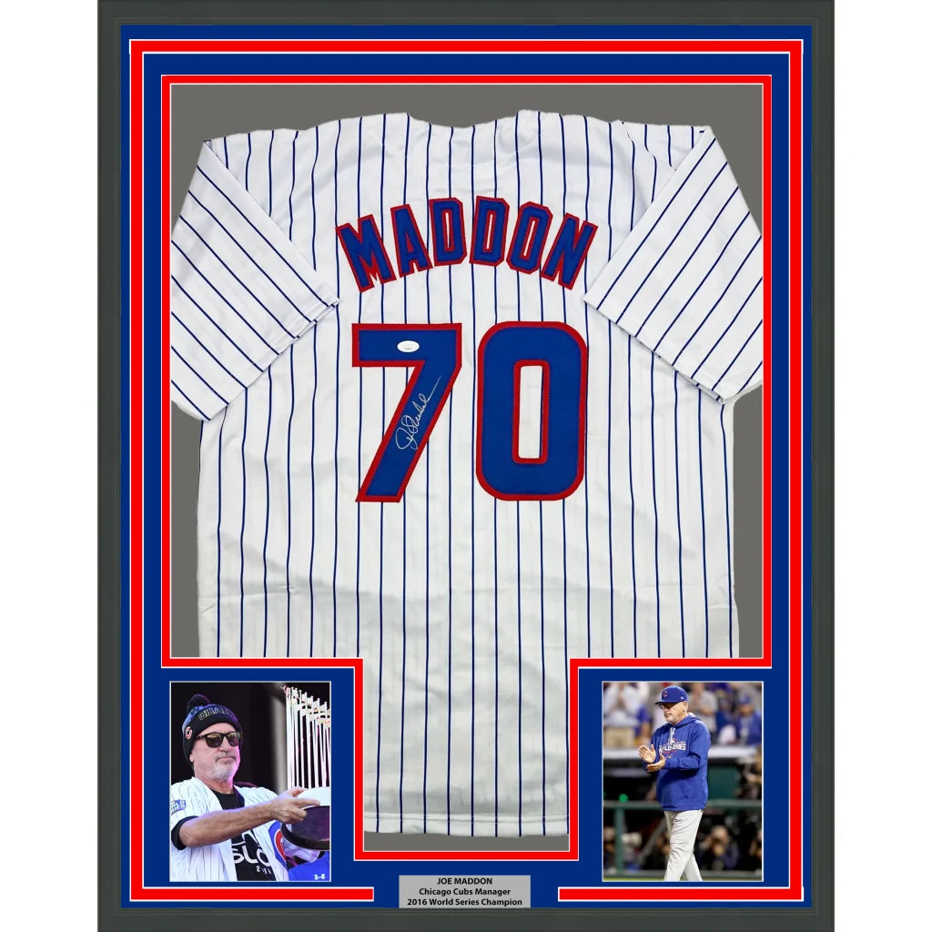 Framed Autographed Joe Maddon 35x39 Chicago Pinstripe Baseball Jersey JSA COA | Hall of Fame Sports Memorabilia | vintageantiquesgifts.com