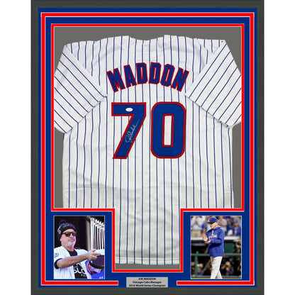 Framed Autographed Joe Maddon 35x39 Chicago Pinstripe Baseball Jersey JSA COA | Hall of Fame Sports Memorabilia | vintageantiquesgifts.com