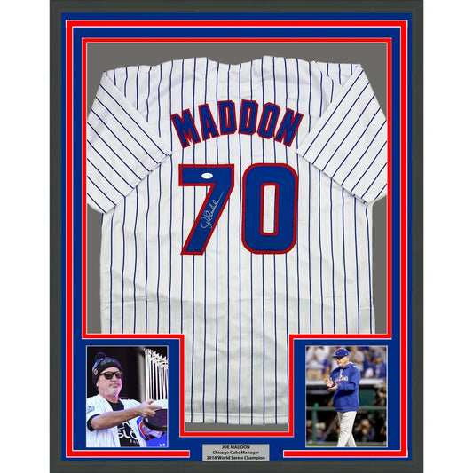 Framed Autographed Joe Maddon 35x39 Chicago Pinstripe Baseball Jersey JSA COA | Hall of Fame Sports Memorabilia | vintageantiquesgifts.com