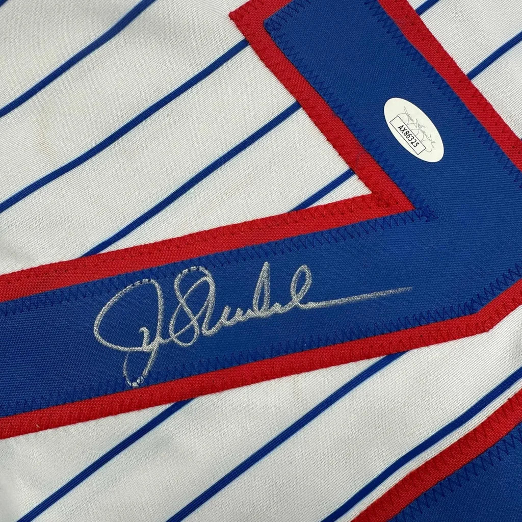 Framed Autographed Joe Maddon 35x39 Chicago Pinstripe Baseball Jersey JSA COA | Certified Authentic Signed Memorabilia | vintageantiquesgifts.com