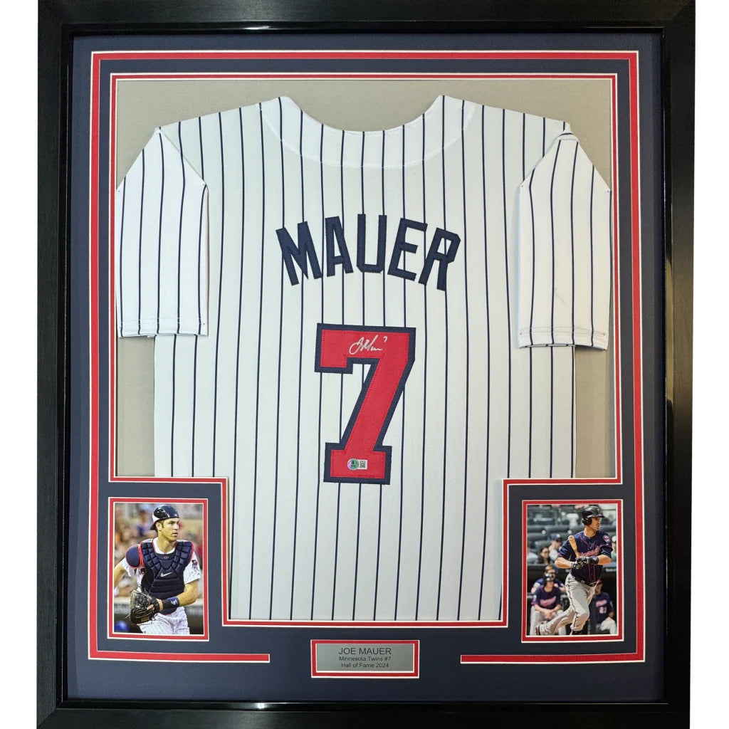 Framed autographed Joe Mauer Minnesota pinstripe jersey with number 7, Beckett BAS COA