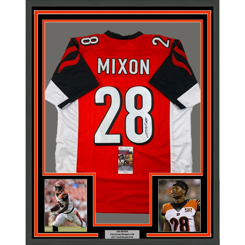 Framed autographed Joe Mixon Cincinnati Bengals orange jersey with number 28