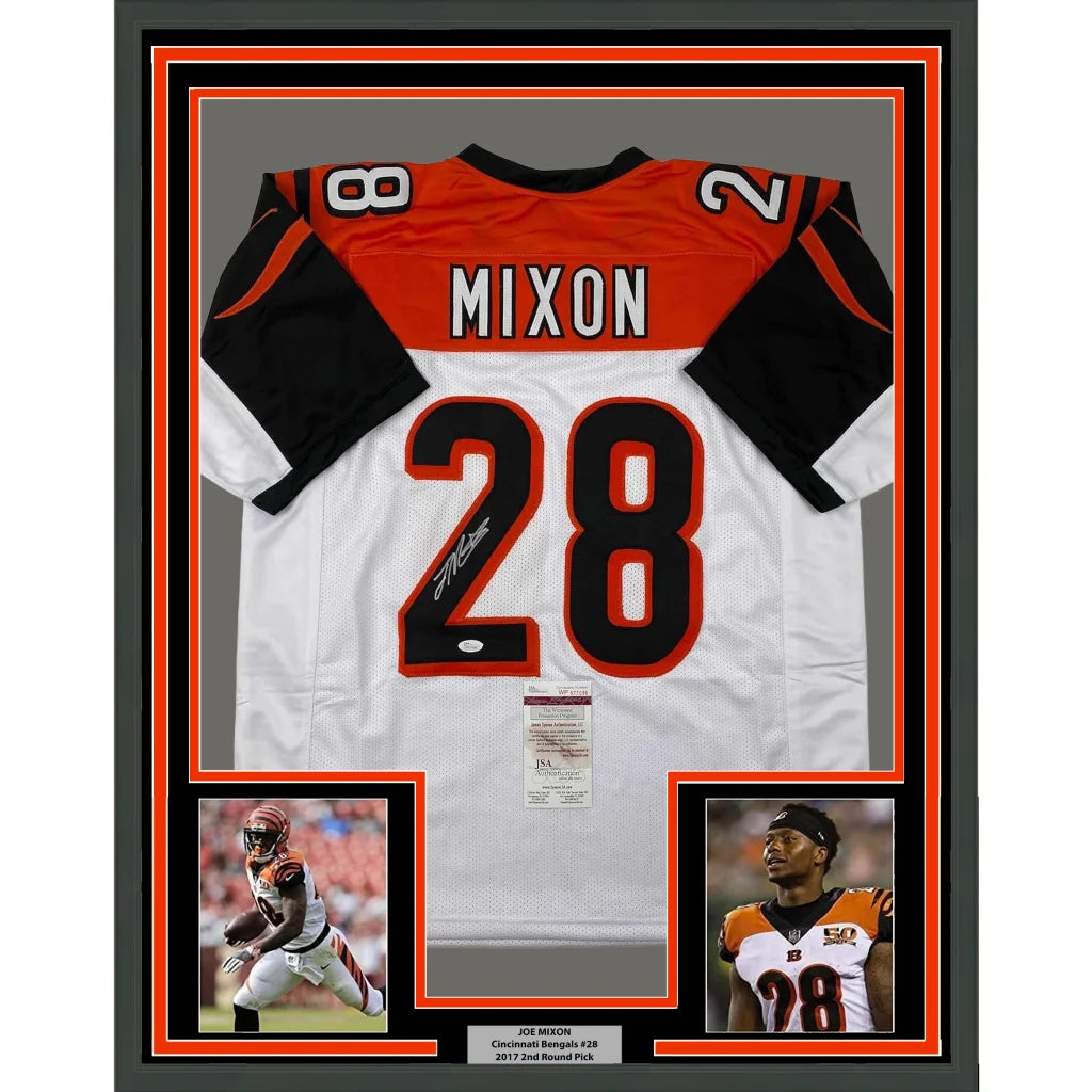 Framed Autographed Joe Mixon 35x39 Cincinnati White Football Jersey JSA COA | Hall of Fame Sports Memorabilia | vintageantiquesgifts.com