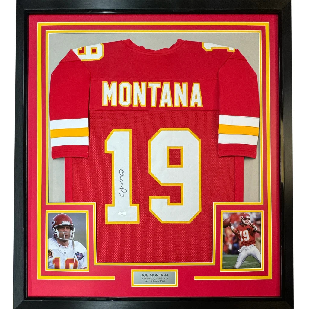 Framed Autographed Joe Montana 35x39 Kansas City Chiefs Red Football Jersey JSA COA | Hall of Fame Sports Memorabilia | vintageantiquesgifts.com