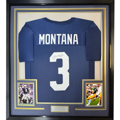 Framed Joe Montana Notre Dame Blue jersey with autographed football and 5x7 photos