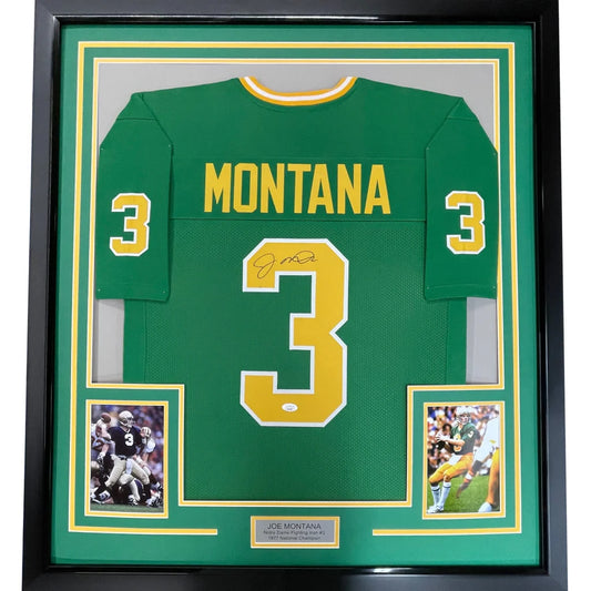 Framed Joe Montana #3 green football jersey with autograph, perfect man cave decor