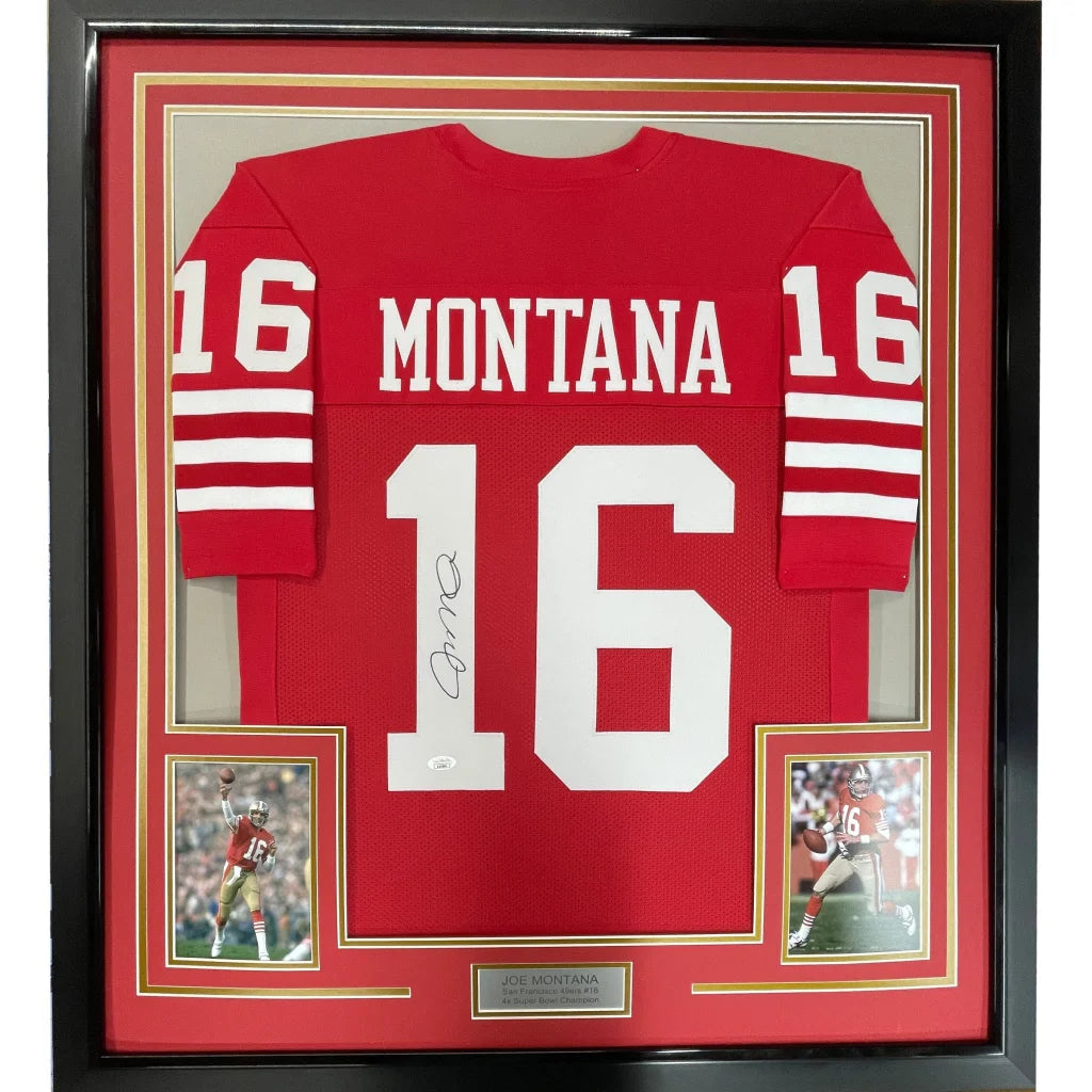 Framed autographed Joe Montana #16 San Francisco 49ers red jersey with JSA COA