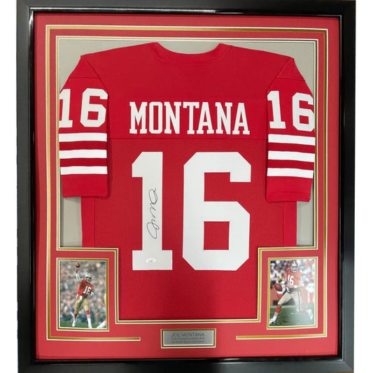 Framed Autographed Joe Montana 35x39 San Francisco Red Football Jersey JSA COA | Hall of Fame Sports Memorabilia | vintageantiquesgifts.com