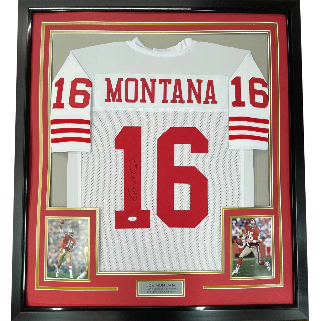 Framed Joe Montana #16 San Francisco 49ers signed jersey with photos ready to hang