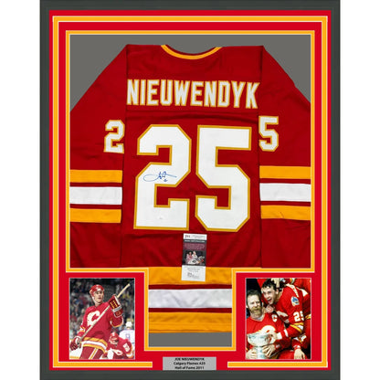 Framed Autographed Joe Nieuwendyk 35x39 Calgary Red Hockey Jersey JSA COA | Hall of Fame Sports Memorabilia | vintageantiquesgifts.com