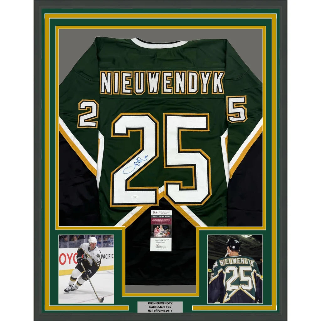 Framed Joe Nieuwendyk Dallas Stars autographed jersey with photos displayed in product listing