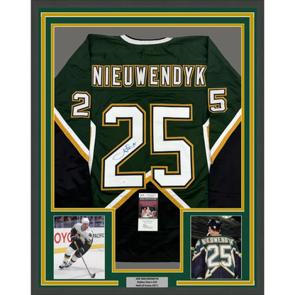 Framed Joe Nieuwendyk Dallas Stars autographed jersey with photos displayed in product listing