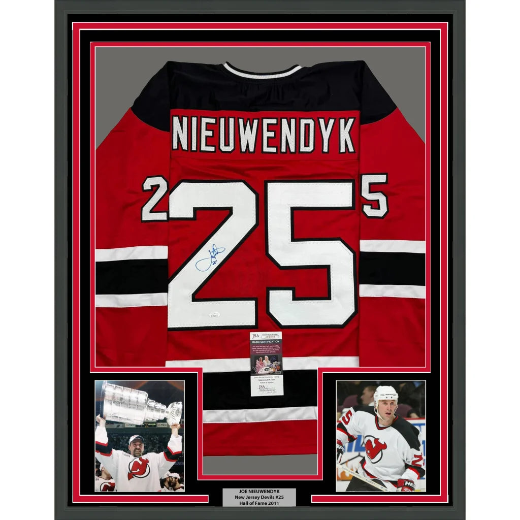 Framed Autographed Joe Nieuwendyk 35x39 New Jersey Red Hockey Jersey JSA COA | Hall of Fame Sports Memorabilia | vintageantiquesgifts.com