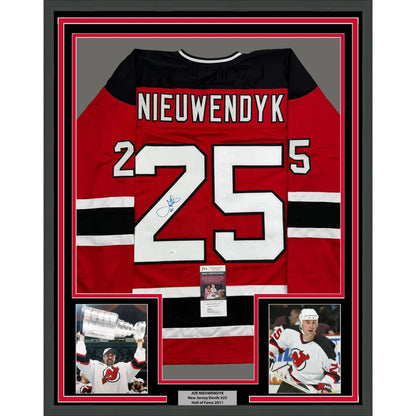 Framed Autographed Joe Nieuwendyk 35x39 New Jersey Red Hockey Jersey JSA COA | Hall of Fame Sports Memorabilia | vintageantiquesgifts.com