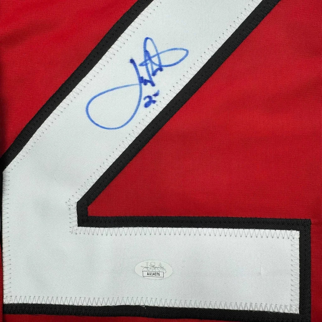 Framed Autographed Joe Nieuwendyk 35x39 New Jersey Red Hockey Jersey JSA COA | Certified Authentic Signed Memorabilia | vintageantiquesgifts.com