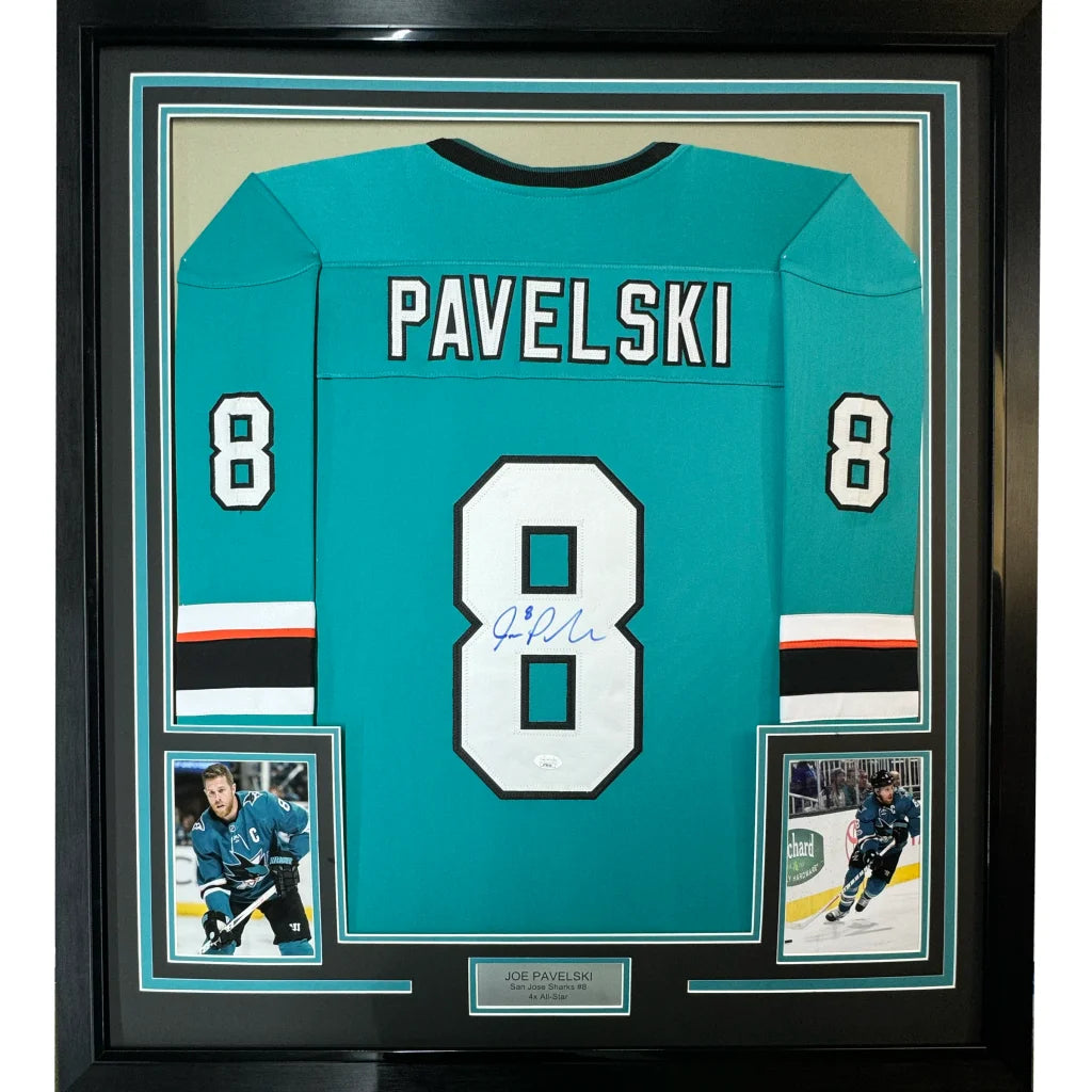 Professionally framed San Jose teal hockey jersey with autograph and player photos