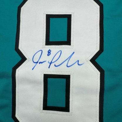 Autographed San Jose teal hockey jersey number 8 in a professionally framed display