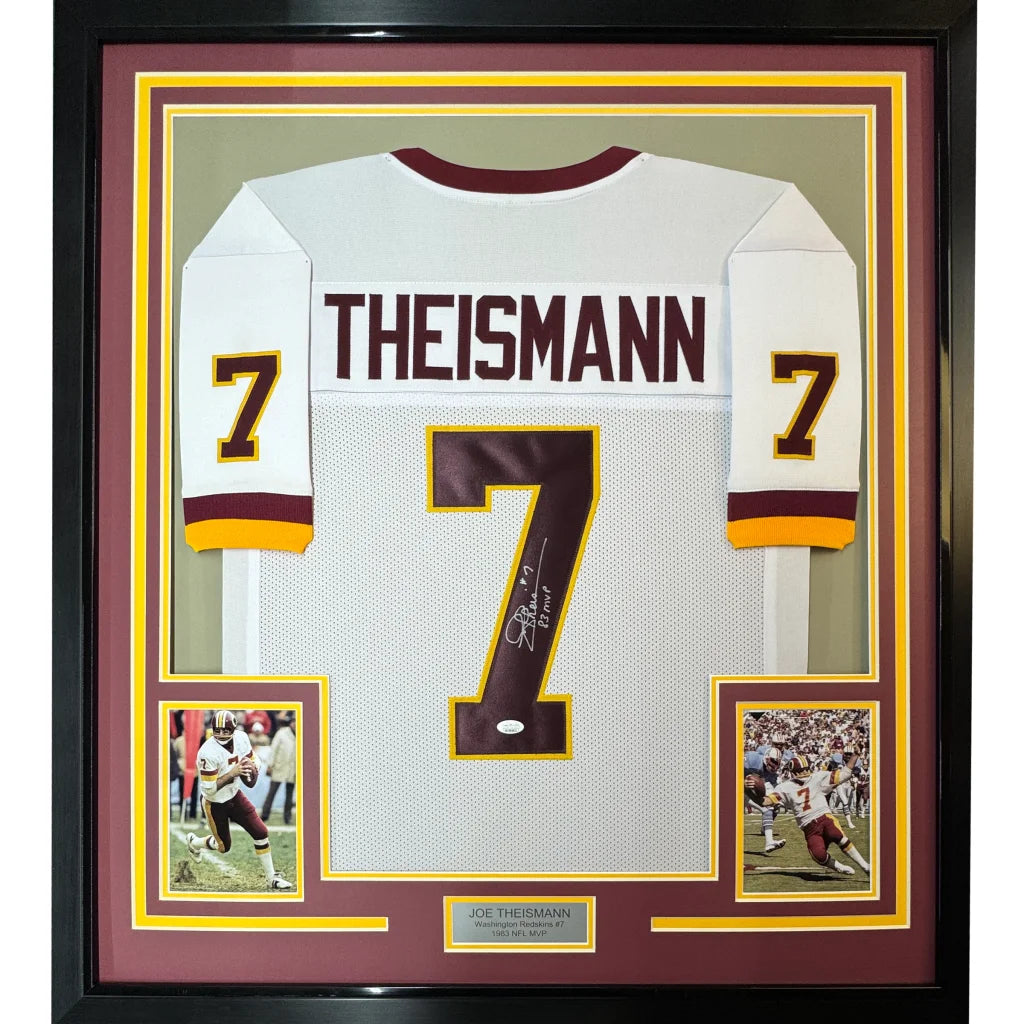 Framed autographed Joe Theismann Washington Redskins white jersey with name and number 7