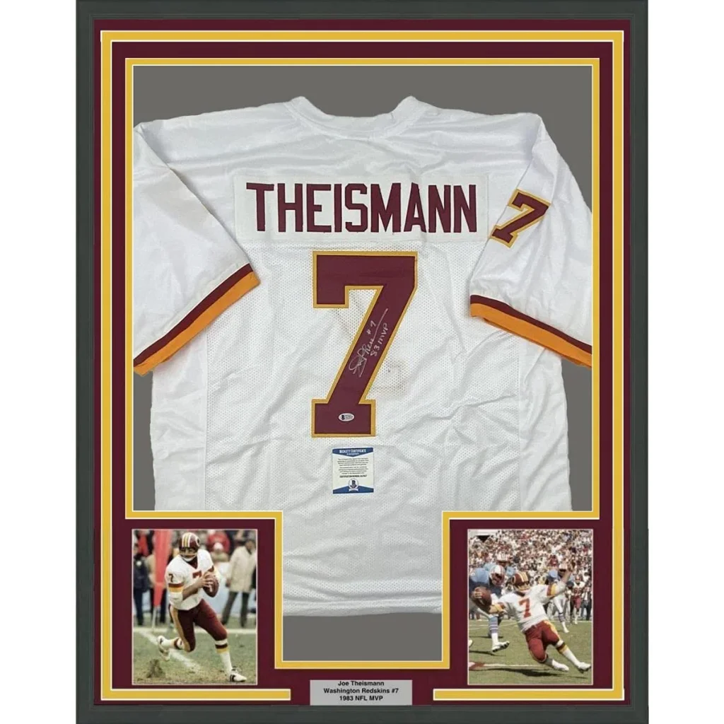 Professionally framed Joe Theismann Washington Redskins jersey with Beckett BAS plaque