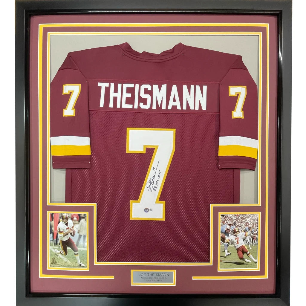 Framed Burgundy Football Jersey with Theismann 7 autograph and photos on display